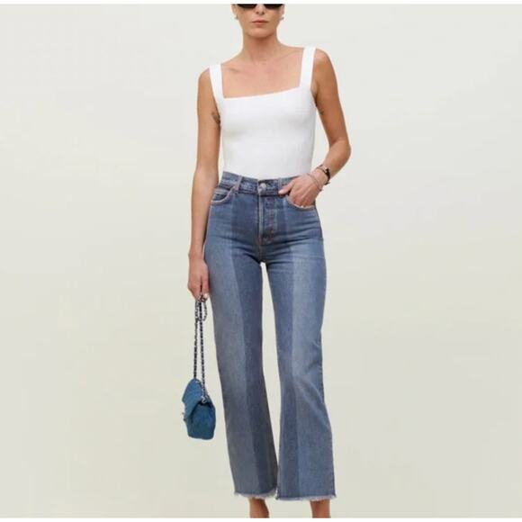 Reformation Denim - Reformation Natoma Blue Denim Distressed High-rise Straight Leg Jeans, size 25